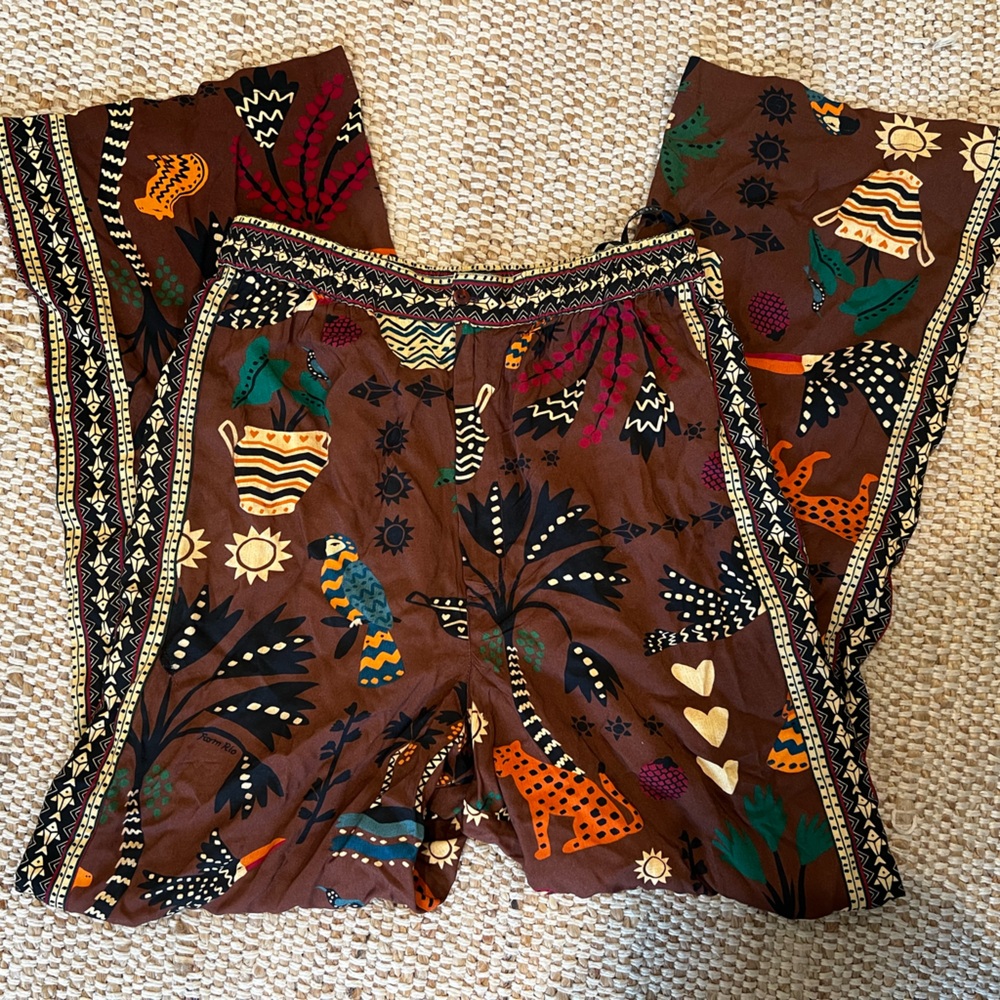 FARM Rio Brown Wide Leg Trouser Pants with Tribal Print NWOT small - Picture 2 of 9